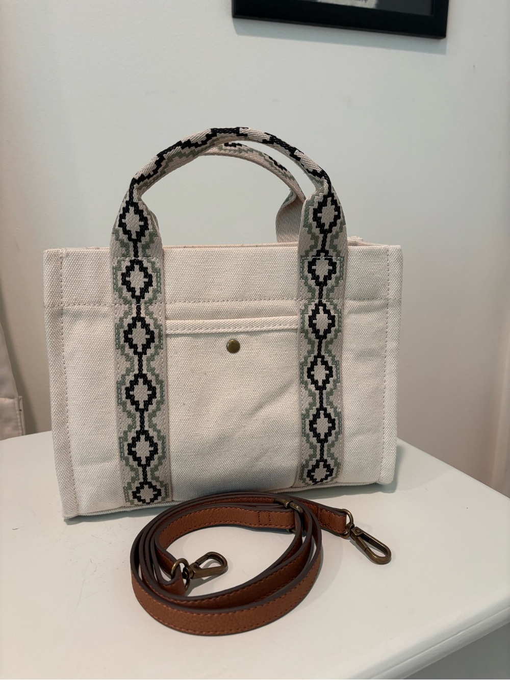 Canvas Tote Bag with Patterned Straps - Ivory - Picture 2 of 7